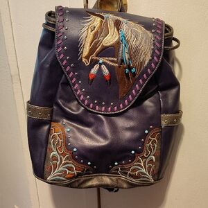 Embroidered Horse Design Backpack - Purple